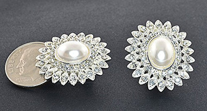 Noble Faux Pearl Delight and Clear Crystal Sunburst Clip-on Earrings