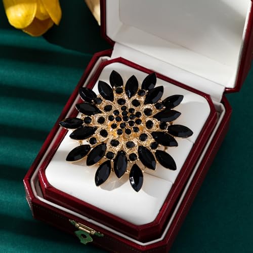 Rhinestone Flower Brooch Pin for Women Fashion Sparkling Crystal Sunflower Floral Brooch Floral Lapel Pins Fashion Wedding Jewelry Gifts - color: Black