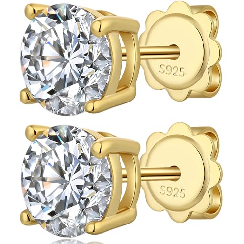 925 Sterling Silver Cubic Zirconia Stud Earrings for Women/Men Hypoallergenic Stud Earrings 4MM-8MM - style: B: Round Stud-Yellow