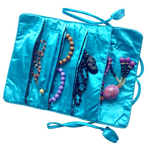 Travel Jewelry Roll Bag - Silk Embroidered Brocade Pouch for Rings, Necklaces, Earrings, Bracelets | Lightweight & Tie Closure (Sky Blue) - color: Sky Blue