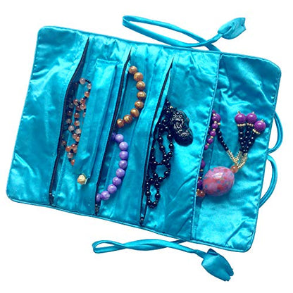 Travel Jewelry Roll Bag - Silk Embroidered Brocade Pouch for Rings, Necklaces, Earrings, Bracelets | Lightweight & Tie Closure (Sky Blue) - color: Sky Blue