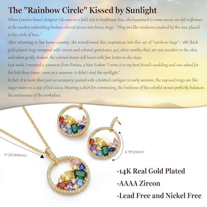 Christmas Jewelry Set for Women, 14K Gold Plated Colorful Cubic Zirconia Necklace and Earrings Set with 925 Sterling Silver Posts, Red Green Holiday Jewelry Gift for Her - color: Rainbow Halo Jewelry Set