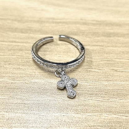 Dangle Little Cross Cubic Zirconia Ring for Women Dainty Crystal Faith Adjustable Open Stacking Promise Eternity Thin Rings Comfort Fit Fashion Wedding Engagement Band Cute Religion Protection Jewelry