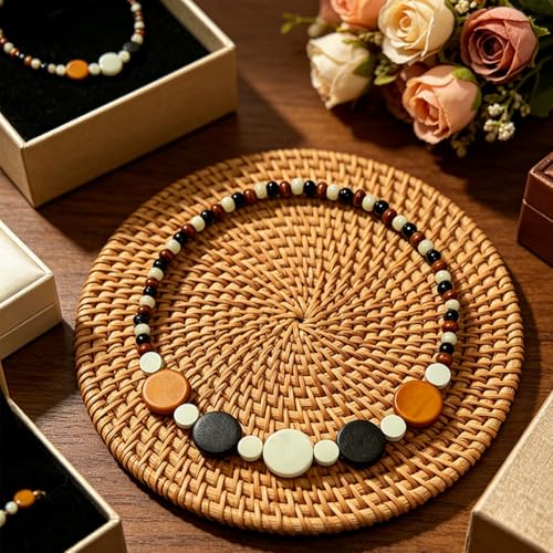 ONLYJUMP Colorful Ethnic Wooden Jewelry Set for Women Round Statement Dangle Earrings Multilayered Geometric Beaded Bracelet Necklace Exaggerated Tribal Style Jewelry - color: Whith