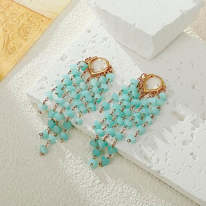 Fringe Hoop Dangle Earrings, Long Beads Tassel Chain Earrings for Women Sparkly Chandelier Earrings - color: Blue
