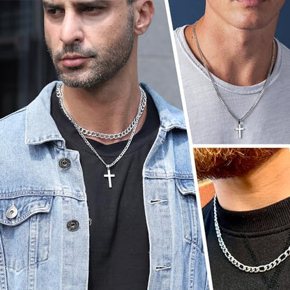 WEDDINEN Cross Necklace for Men Boys, Stainless Steel Layered Cross Pendant Cuban/Figaro Chains Christmas Jewelry Gifts - color: Silver, size: 20in/22in