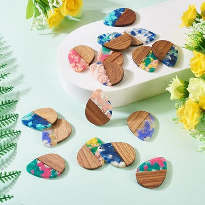 Beadthoven 16pcs/8 Pairs Natural Wood Resin Charms DIY Earrings Pendants Teardrop Geometric Wood Pendants Bohemian Wooden Pieces for Statement Jewelry Making Findings Women Necklaces - color: Chips-Drops