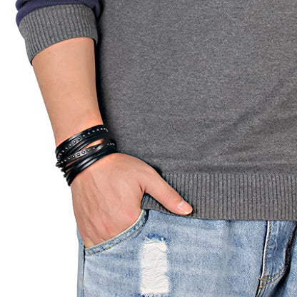 GelConnie Leather Cuff Bracelet for Men Women Wide Leather Wristband Thick Viking Mens Leather Bracelets Gothic Wrist Band Vintage Rock Wristband - style: Black Leahter Bracelets