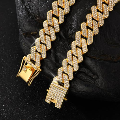 Mens Cuban Link Chain Iced Out Cuban Necklace 18K Gold & Silver Plated Chain For Men Women 14mm Hip Hop Jewelry - color: 14K Gold, size: 16Inches