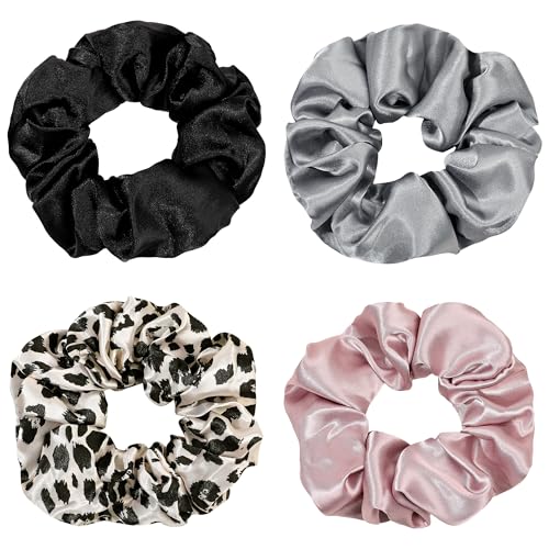 Silk Hair Ties for Girls and Women: Chic Satin Scrunchies, Large and Cheetah Print, Soft Ponytail Holders for Thick and Curly Hair - No Creases, Gentle on Hair - color: Leopard Black Pink Gray