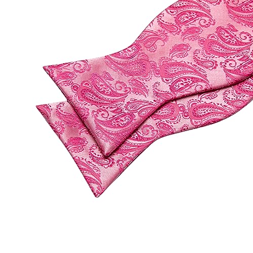 YOHOWA Bow Ties for Men Self-tied Silk Bowtie Solid Color with Lapel Pin and Handkerchief Cufflinks for Wedding Party Prom - color: Hot Pink Paisley