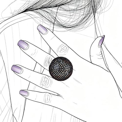 Gold Snowball Rhinestone Cocktail Ring – Adjustable Stretch Sparkling Party Jewelry for Women, Elegant Costume Ring for Evening Wear, Wedding, Prom - color: black