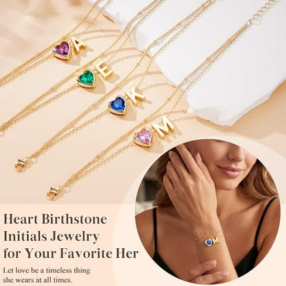 14K Gold Plated Heart Initial Birthstone Gold Bracelets for Women | Dainty Heart Letter A-Z Charm Layered Bracelets Birthday Trendy Jewelry Gifts for Women - color: L