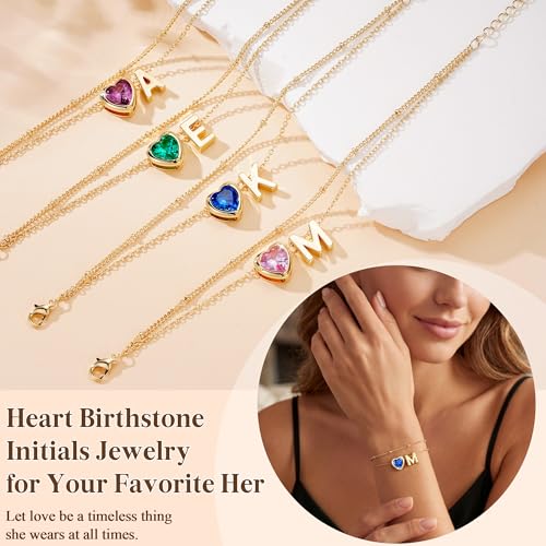14K Gold Plated Heart Initial Birthstone Gold Bracelets for Women | Dainty Heart Letter A-Z Charm Layered Bracelets Birthday Trendy Jewelry Gifts for Women - color: P