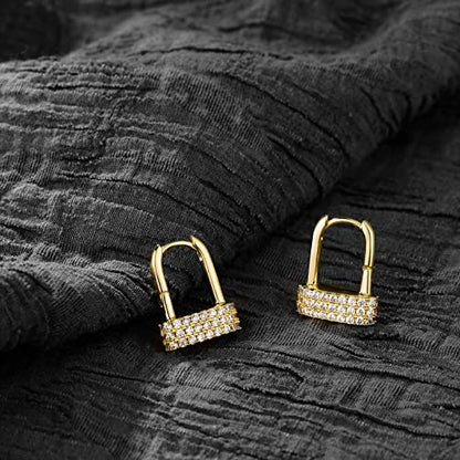 Huggie Hoop Earrings 14K Gold Plated Cubic Zirconia Dainty Simple Cute Beads Elegant CZ Circle Small Hoop Earring for Women Minimalist Handmade Hypoallergenic Jewelry - color: CZ-Lock