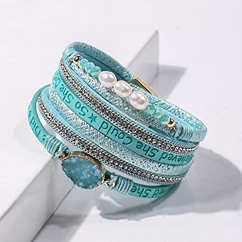 Artilady Leather Wrap Bracelet for Women, Pearl Beaded Bangle Stack Jewelry | Easy on-off, Elegant Handmade Multi-Layered, Daily Casual Date Beach Vacation, Gift for Ladies, Mother, Sister & Friend - style: So She Did, Blue