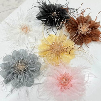 4" Crystal Feather Flower Brooch Pin for Women Girls Dainty Bright Satin Rhinestone Floral Brooches Lapel Hair Pins Elegant Wedding Cocktail Prom Party Hat Bag Suit Clothing Dress Accessories Jewelry Gift - color: Black