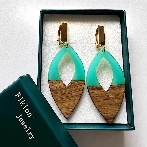 Wooden Geometric Clip On Earrings Women Gold Black Wood Non Pierced Ears Dangle Drop Earrings Triangle Leaf Comfortable Clip Earrings Jewelry - color: Leaf_Cyan+Gold
