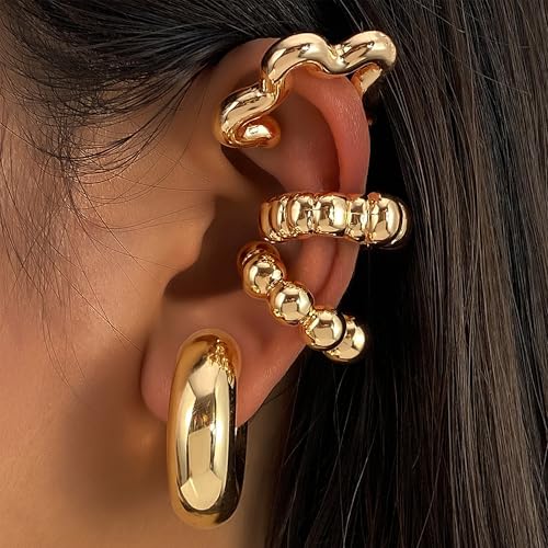 4pcs Chunky Gold Silver Ear Cuff Set for Women Punk Metallic Twist Non Piercing Clip Cuff Earrings Trendy Jewelry Set for Daily Party - style: style F