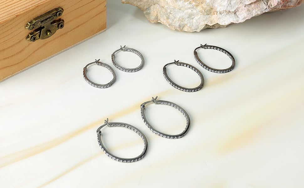 Hoops & Loops 925 Sterling Silver Cubic Zirconia Inside Out Oval Hoop Earrings for Women, 20mm 25mm 30mm - color: 20mm-Black