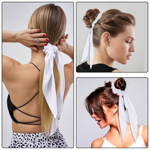 Mabor 2 Pcs Knotted Bow Satin Hair Scrunchie Hair Tie with Bow Hair Scarf with Tail Hair Scrunchies Elastic Hair Scarf Ponytail Holder for Women and Girls,White