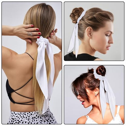 Mabor 2 Pcs Knotted Bow Satin Hair Scrunchie Hair Tie with Bow Hair Scarf with Tail Hair Scrunchies Elastic Hair Scarf Ponytail Holder for Women and Girls,White