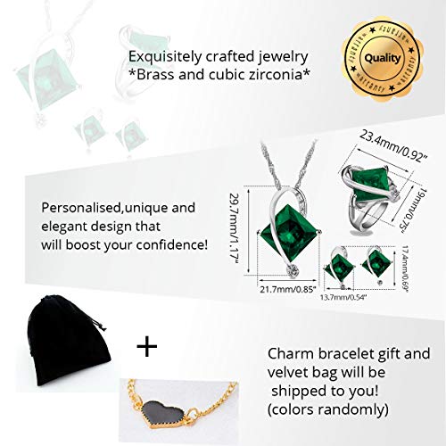 Uloveido Charm Created Topaz Big Square Crystal Necklace Matching Stud Earrings Rings Jewelry Set T295 - color: Green