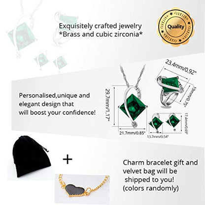 Uloveido Charm Created Topaz Big Square Crystal Necklace Matching Stud Earrings Rings Jewelry Set T295 - color: Green