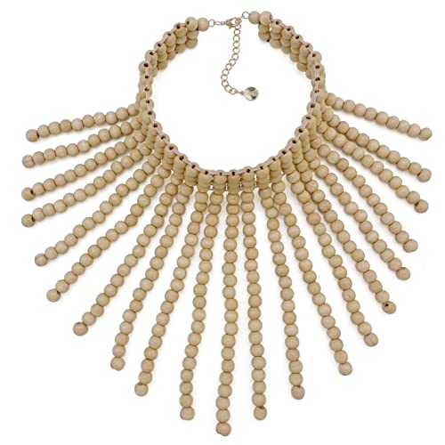 Coiris Boho African Wooden or Acrylic Beaded Bib Statement Necklace Strands Layered Cluster Chunky Collar Choker Wood Necklace for Women Fashion Costume Jewelry - color: Off White