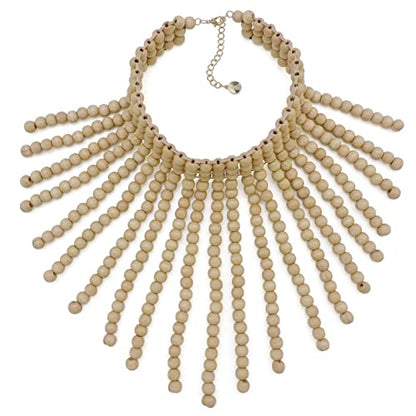 Coiris Boho African Wooden or Acrylic Beaded Bib Statement Necklace Strands Layered Cluster Chunky Collar Choker Wood Necklace for Women Fashion Costume Jewelry - color: Off White