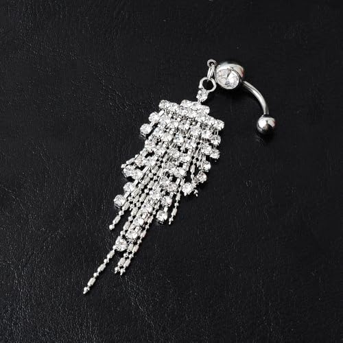 14G CZ Tassel Dangle Belly Button Rings for Women Sparkling Cubic Zirconia Crystal Fringe Dangling Belly Navel Studs Rings Navel Curved Barbell Body Piercing Jewelry