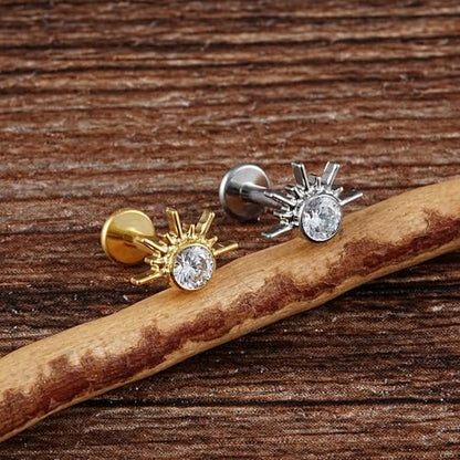 FINE4U 1PC ASTM F136 Titanium 16G Flatback Stud for Tragus, Helix, Conch 6mm 8mm - Screw on Cartilage Earring Piercing Jewelry - color: Sun CZ - Gold