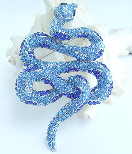 Classic 3.94" Unique Animal Snake Brooch Pin Pendant Austrian Crystal BZ5847 - color: Silver-Tone Blue