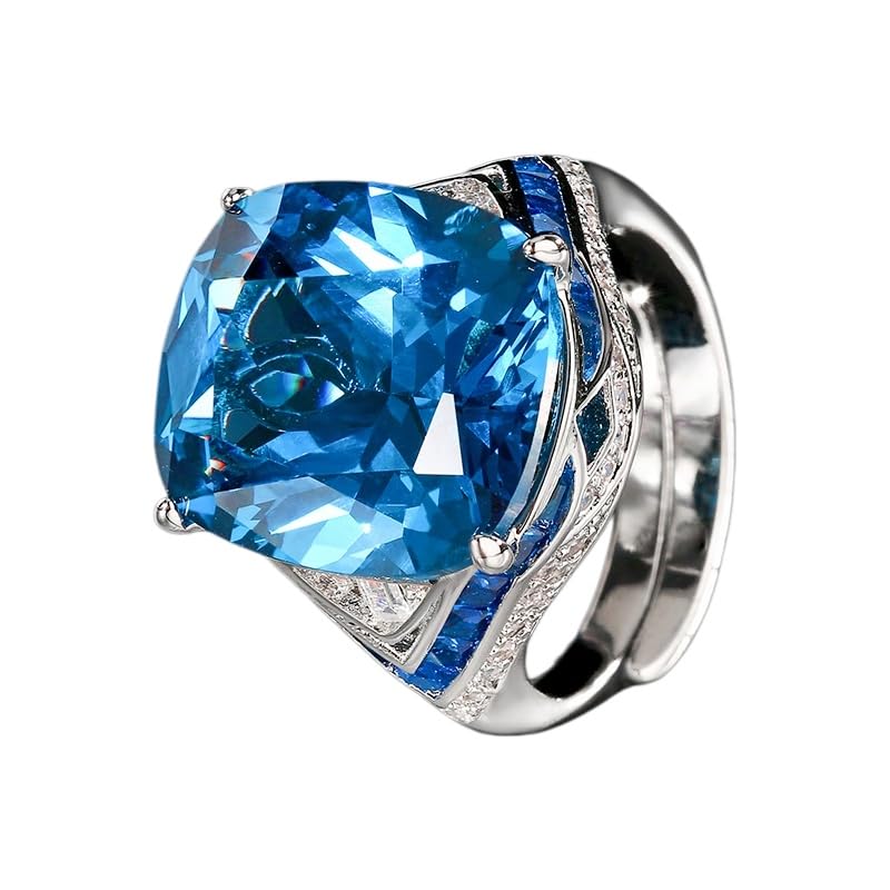 Cushion Gem Cocktail Ring For Women, 2 Colors Blue Red Trapezoid Side Crystal Adjustable Open Statement Evening Ring - color: blue