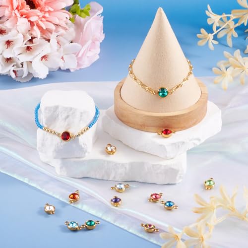 Pandahall 12Pcs Flat Round Birthstone Charms Glass Rhinestone Links Crystal Birthstone Charms Stainless Steel Connector Pendants 12 Colors for Earring Necklace Bracelet Keychain Making