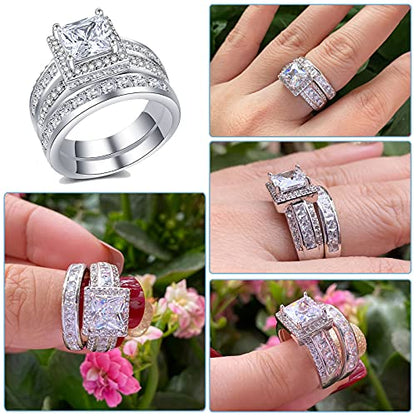 CEJUG 3Ct Princess Wedding Rings for Women Engagement Ring Set Bands 18k White Gold Plated Halo Cz Size 6-10 - color: Silver