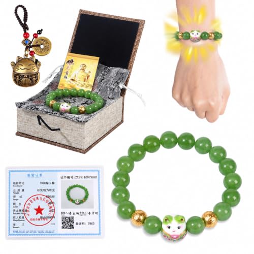 Real Gemstone Lucky Cat Bracelet Feng Shui Good Luck Wealth Charm | Blessed Genuine Gemstone with Brass Cat Pendant, 10mm Prayer Beads, Energy Protection for Wealth & Health, Spiritual Gifting - color: Green