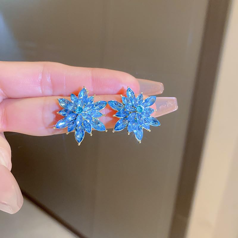 Crystal Flower Burst Stud Earrings Elegant Hypoallergenic Large Big Sparkly CZ Cubic Zirconia Rhinestone Earrings Bridal Wedding Party Prom Costume Jewelry for Women Birthstone Birthday Gift - color: Blue
