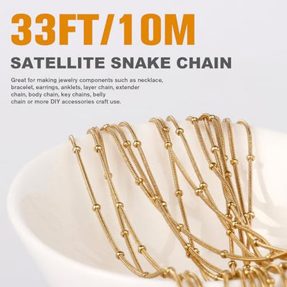 33FT 1mm Gold Snake Chain Roll Gold Satellite Chain Bulk for Jewelry Making | 18K Gold Plated Stainless Steel Beaded Round Snake Chain Spool for DIY Craft Necklace - color: Small Beads Gold Satellite Snake Chains