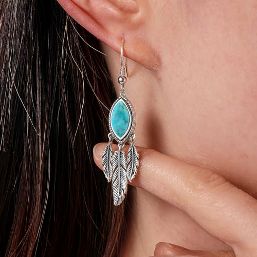 AVECON Turquoise Dangle Earrings for Women, Sterling Silver Feather Jewelry | Genuine Western Marquise Boho Pierced, Native American Jewelry with Hook and Leaf, for Cowgirl & Cowboy - color: Turquoise