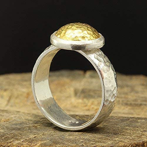 Dome Pebble Ring 925 Sterling Silver 24K Gold Vermeil Two-tone Hammered Handcrafted Designer Hand Forged Half Round Band Ring