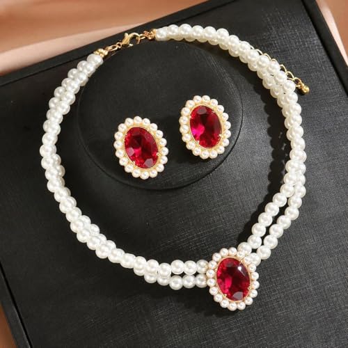 CSIYANJRY99 Pearl Necklace and Earring Set Faux Pearl Jewelry Sets for Women Imitation Beaded Pearl Necklace Bracelet Stud Earrings for Women - color: Red Zircon Pearl Set