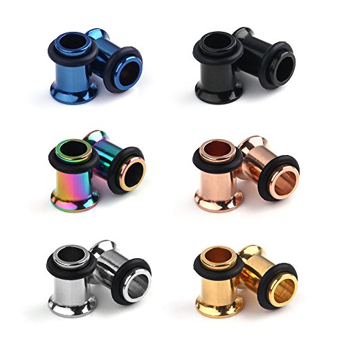 Ruifan 6Pairs Surgical Steel Single Flared Tunnel Gauge Ear Expander Stretching Kit Plugs Piercing 6 Colors Same Size 12g-00g (2mm-10mm) - style: 2G=6mm