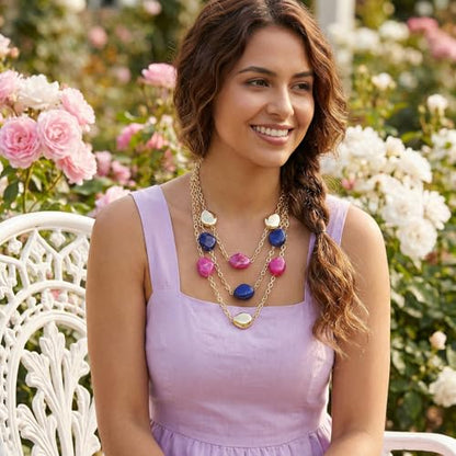 Bocar 3 Layered Statement Necklace for Women Multi Strand Necklace with Resin Beads, Chunky Layered Chain Necklace (NK-10826) - color: Rose Blue