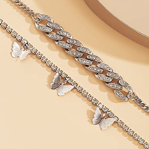 Layered Butterfly Anklet for Women Charms Butterfly Gold Plate Silver Plate Rhinestone Cuban Anklets Adjustable Anklet for Summer Beach - color: Silver plate