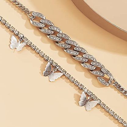 Layered Butterfly Anklet for Women Charms Butterfly Gold Plate Silver Plate Rhinestone Cuban Anklets Adjustable Anklet for Summer Beach - color: Silver plate