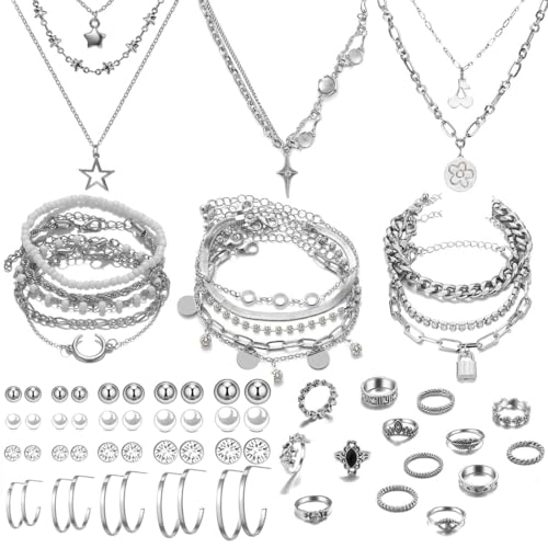 37pcs Silver Jewelry Set With 3 PCS Necklace, 14 PCS Bracelet, 7 PCS Ear Cuffs Earring, 6pcs Hoop Earrings,7pcs silver rings set For Women For Birthday Gifts