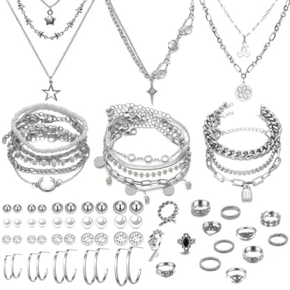 37pcs Silver Jewelry Set With 3 PCS Necklace, 14 PCS Bracelet, 7 PCS Ear Cuffs Earring, 6pcs Hoop Earrings,7pcs silver rings set For Women For Birthday Gifts
