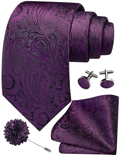 GUSLESON 3.15"（8cm） Mens Tie and Lapel Pin Paisley Necktie Hankerchief Cufflinks Set for Men - color: Dark Purple