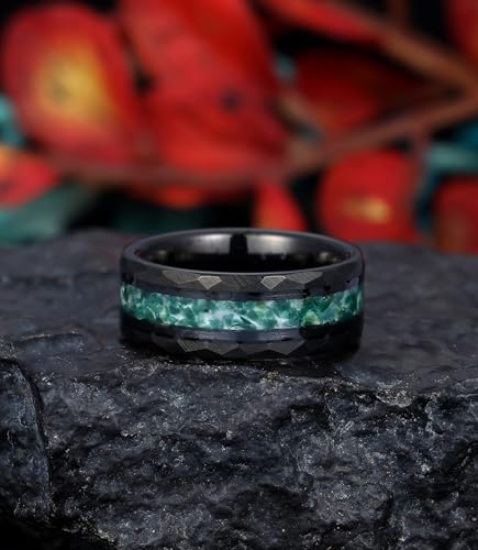 8mm Black Tungsten Mens Wedding Band with Moss Agate/Emerald/Citrine | Amethyst/Aquamarine, Gothic, Birthstone, Hammered, Engagement Promise Ring, Anniversary Valentine Day Birthday Gift for Him - style: Green Moss Agate